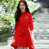 明星刘亦菲同款连衣裙女中长款红色显廋修身2016新款夏衬衫领裙子