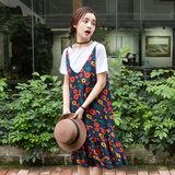 韩国复古大花朵宽松V领背带裙 显瘦中长款鱼尾裙女夏季雪纺连衣裙