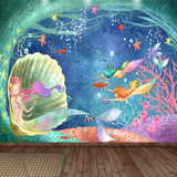 无缝儿童房卧室幼儿园大型壁画海洋鱼卡通3d美人鱼可爱温馨壁纸