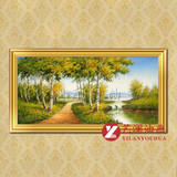 欧美手绘风景油画 白桦树乡间小道溪水画家装饰品成品有框挂画YJ9