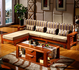 全实木沙发床推拉两用现代中式橡木布艺转角贵妃三人沙发客厅组合