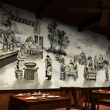 中式水墨画古代人物大型壁画手工面馆拉面店面食饭馆餐厅壁纸墙纸
