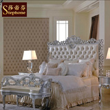 卧室奢华床 欧式实木雕花床/床头柜 新古典真皮双人床银箔双人床