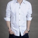 夏季衬衫男士长袖 青年薄款波点白色衬衣男式修身型韩版休闲衣服