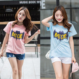 中学生夏季新款日韩版时尚粉色圆领蝙蝠印花纯棉短袖t恤衫女宽松