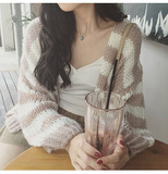 2016秋冬新款 韩版时尚灯笼袖披肩宽松条纹针织衫开衫女毛衣外套
