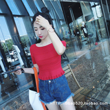 2016夏季新款韩版气质修身显瘦一字领上衣露肩针织短袖女短款T恤