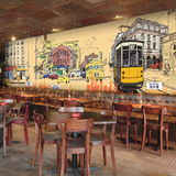 3D手绘复古建筑主题壁纸餐厅咖啡奶茶店港式酒吧墙纸个性怀旧壁画