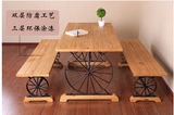美式车轮铁艺餐桌椅组合家用吃饭桌子咖啡厅饭店实木桌椅餐馆定做