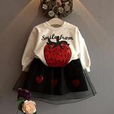 2016春季女童装新款 韩版儿童可爱草莓长袖T恤+短裙两件套装套裙