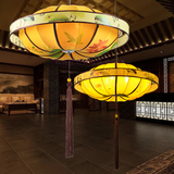 新中式手绘国画仿古典吊灯饭店餐厅卧室走廊复古布艺灯笼羊皮灯饰