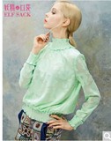 妖精口袋  2016新款秋装 简洁高领蕾丝衬衫抽纱剪标款