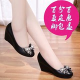 2016秋季丽人达芙妮坡跟真皮单鞋浅口套脚高跟鞋蝴蝶结中跟女鞋子