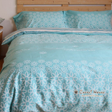 宜家简约素色梅花几何图案全棉四件套天蓝被套床单床笠床上4件套