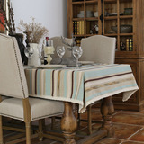 蓝色细条纹布艺绣线工艺桌布/台布/餐桌布/盖布/茶几布书桌可定做