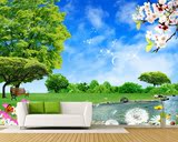 风景 蓝天白云 河流 树木 绿色 3D视觉 草坪 护眼 清新壁画墙纸