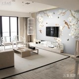 3D现代中式古典玉兰花鸟沙发卧室电视背景墙无缝丝绸壁纸墙纸壁画