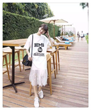 SIMIDA 2016韩国东大门新款时尚宽松印花字母蕾丝下摆连衣裙