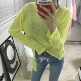 x2square韩国订单时尚显瘦纯色透视感开叉圆领长袖T恤女薄防晒衫