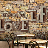 定制3D立体仿真石头字母复古墙纸壁画酒吧咖啡美发店餐厅背景墙纸