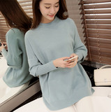 2016年春款新款女装假2件休闲宽松纯色针织衫韩版套头毛衣