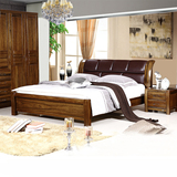 实木床 胡桃木床 双人床2/2.2/2.4米加宽大床 真皮床软靠床中式