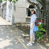 定制气质腰带衬衫裙女连衣裙中长款收腰显瘦修身韩国学院风短袖