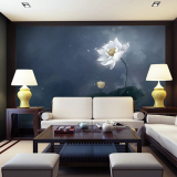 新中式创意手绘白莲壁纸客厅电视背景墙卧室床头墙纸大型艺术壁画