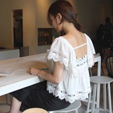 韩国代购优雅通勤小女人浪漫雕花蕾丝拼T恤衬衫 短款宽松娃娃上衣