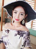 fanfan家 原创2016夏波西米亚短袖印花一字领连衣裙长裙 海滩度假