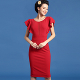 绝色时尚女装夏装2016新款潮红色雪纺ol职业连衣裙性感包臀中裙子