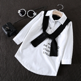 童装2016夏款新款女童儿童韩版白色字母黑领带儿童长款衬衣上衣