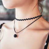 韩版波浪性感黑色蕾丝超短颈链珍珠双层锁骨链女饰品短款项链