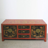 现货 新中式古典家具 手工描金 实木黑红色电视柜，储物柜