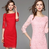 欧洲站春夏新款女装 蕾丝连衣裙大红色中长款新娘红裙礼服旗袍裙