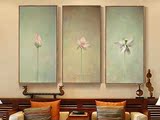 纯手绘荷花油画中式客厅装饰画沙发背景墙玄关挂画餐厅壁画三联画
