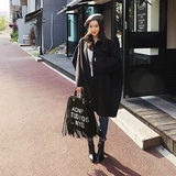 2016秋季韩版新款蝙蝠袖斗篷宽松纯色毛呢外套简约时尚女士大衣潮