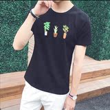 2016年春装日系风植物盆栽刺绣短袖T恤 圆领体恤男装纯棉修身半袖