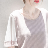 夏季新款女学生甜美简约时尚圆领镂空网荷叶短袖子宽松纯色棉t恤