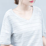 夏季韩版新款女装简约时尚潮流学生条纹V领宽松休闲纯色棉短袖t恤