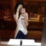 韩国T恤女短袖夏修身白色纯棉竹节棉2016不规则圆领显瘦长袖t恤潮