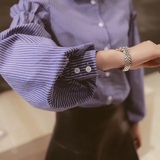 韩国高档女装2016春季新款翻领木耳边灯笼袖竖条纹衬衫女式衬衣
