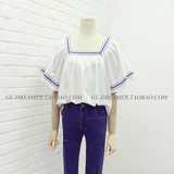 GL 韩国订制2016夏季新款女 小清新刺绣方领荷叶袖宽松娃娃衬衫