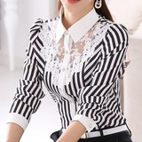 女士衬衫长袖韩范学生黑白条纹蕾丝雪纺衫修身显瘦职业装大码衫衣
