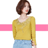长袖T恤女修身蕾丝花边韩版秋季女装打底衫低领体恤气质纯色上衣