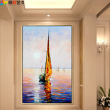 手绘帆船日出风景抽象油画简约玄关装饰画现代客厅卧室办公室挂画