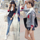 韩国代购修身显瘦长袖卫衣开衫女假两件连帽上衣秋款学生短外套潮
