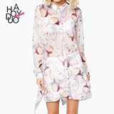 Haoduoyi2016秋季女装新款 休闲印花雪纺衬衣 长袖宽松衬衫连衣裙