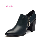 Daphne/达芙妮女鞋单鞋女真皮尖头粗跟高跟鞋侧拉链时尚英伦鞋子