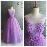 淡紫色小花朵晚礼服U领甜美清新蓬蓬裙礼服多色可做婚纱演出礼服